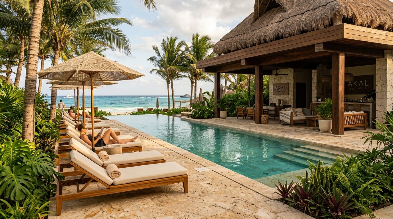 Piscina y vegetación tropical en el Caribe
